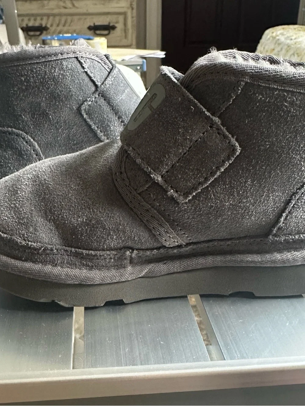UGG Kids Charcoal Gray Suede Shearling Strap Slippers
